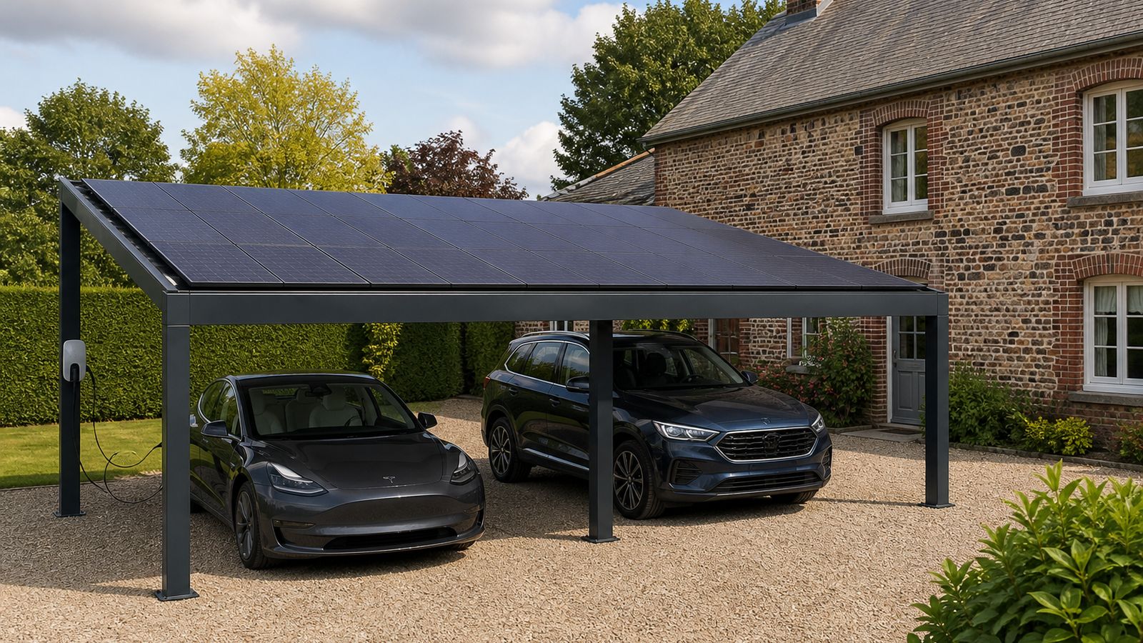 Carport double solaire en aluminium devant une maison normande (illustration)