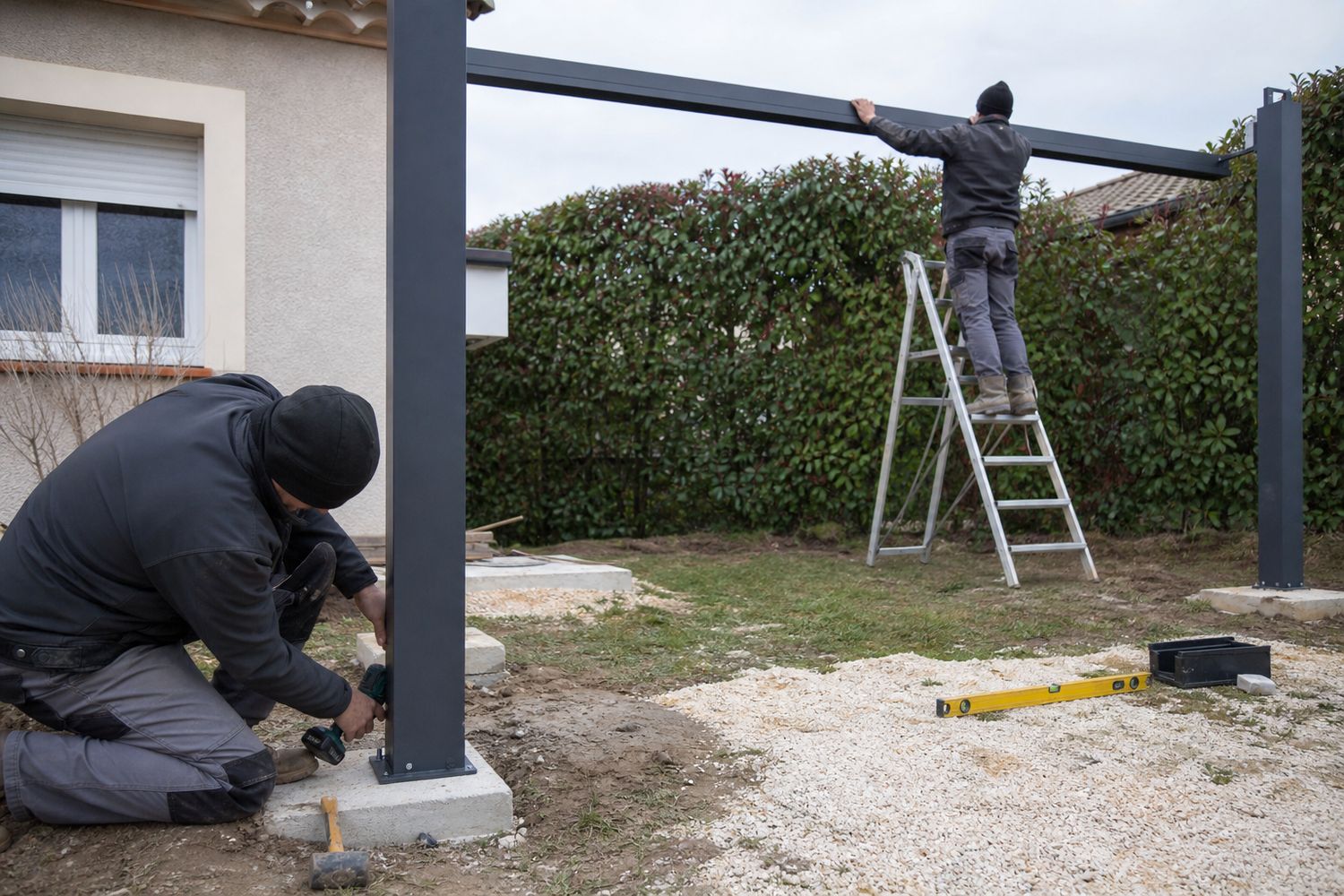 Pose d'un carport aluminium sur plots béton (illustration)
