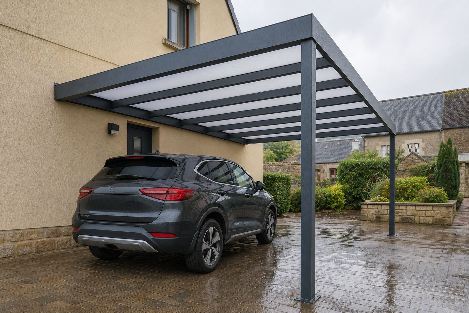 Carport adossé à une maison (illustration)