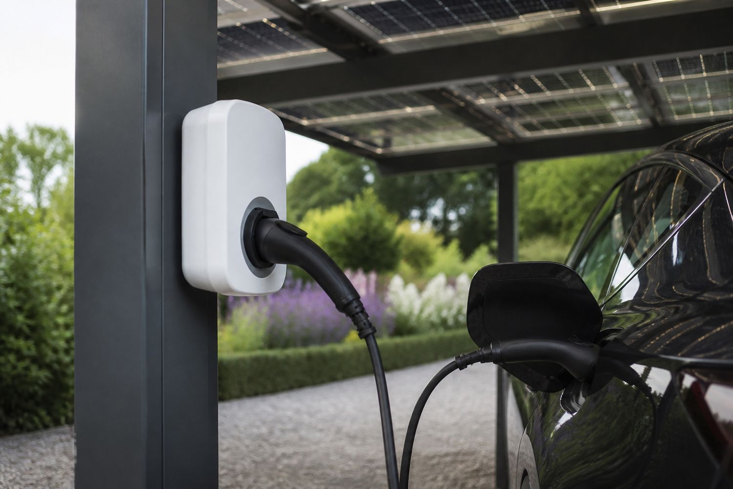 Borne de recharge fixée sur un poteau de carport (illustration)