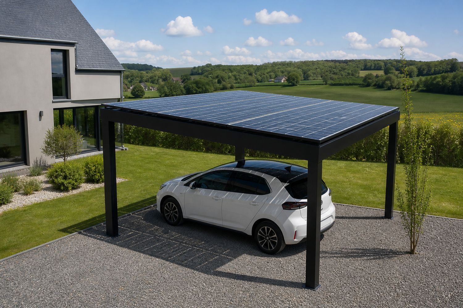 Carport solaire à panneaux verre-verre (illustration)